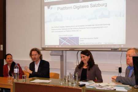 Dr.in Christine Trültzsch-Wijnen, Leiterin des Centre of Competences für Medienpädagogik und E-Learning PH Salzburg; Martin Seibt, Institut für Medienbildung; Meral Akin-Hecke, werdedigital.at; Gerhard Rettenegger, Plattform Digitales Salzburg